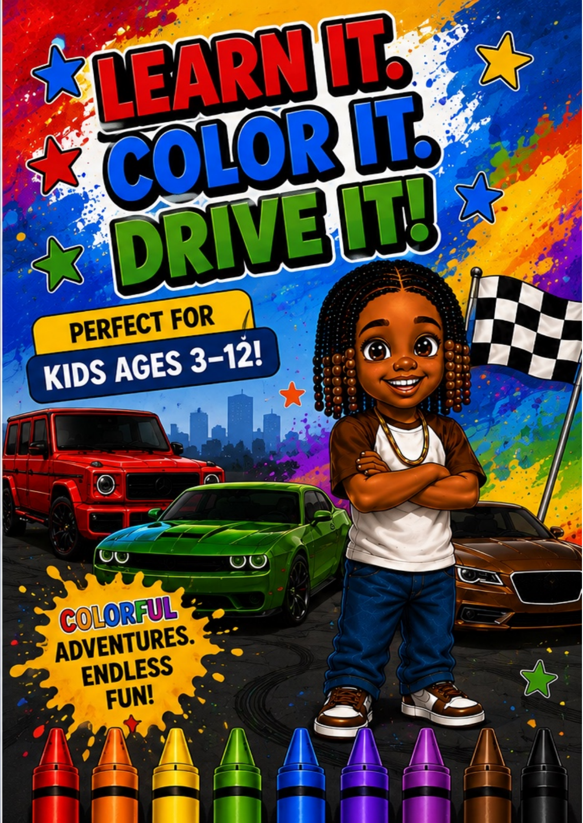 Learn It. Color It. Drive It! coloring and activity book, available on Amazon