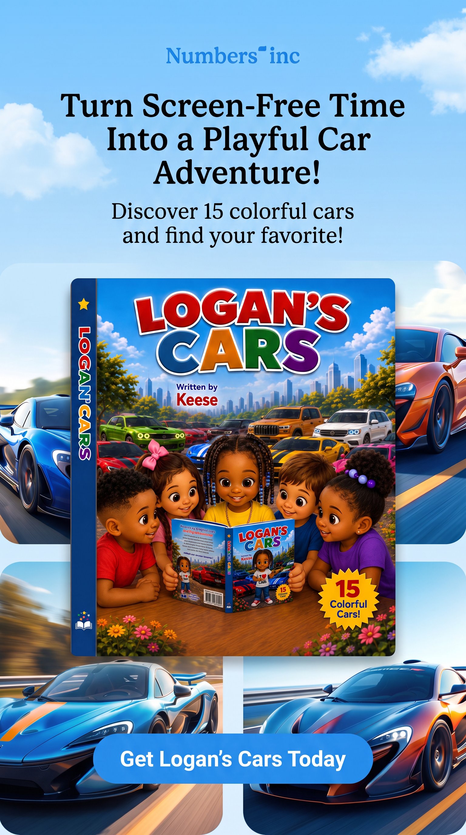 Logan's Cars promotional flyer featuring the book and colorful sports cars
